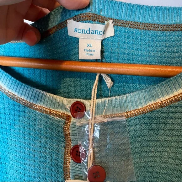 Sundance Gentry Henley Waffle Knit Drop Shoulder Teal Long Sleeve Top NWT - Picture 3 of 11